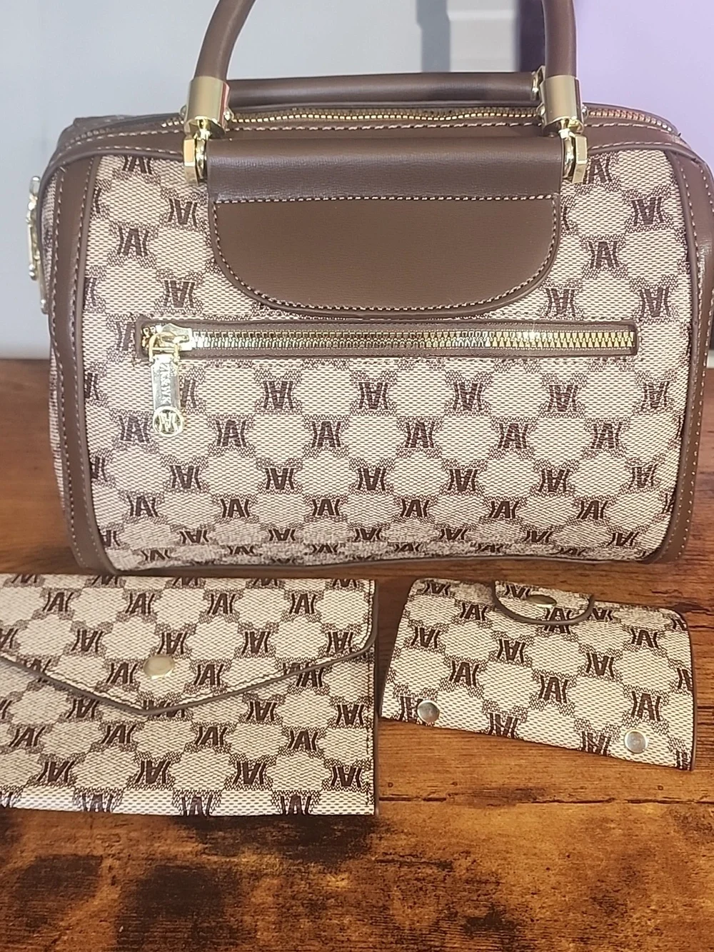 Coffee/Brown Signature Satchel 3pcs Set Fashion Printed Tote Bag, Wallet, Pillow